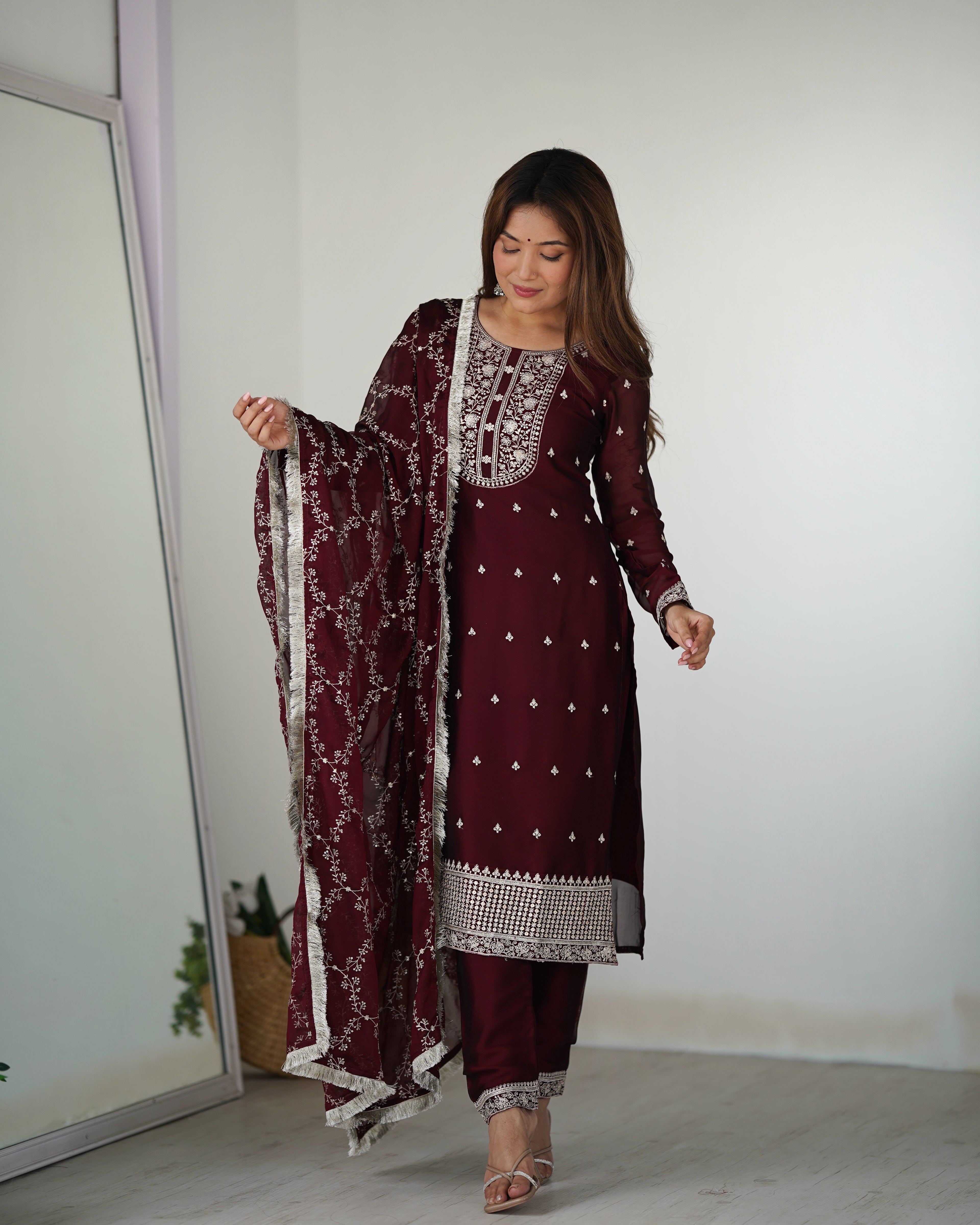 Maroon Pure Silk Straight Kurta Set with Dupatta & Trouser