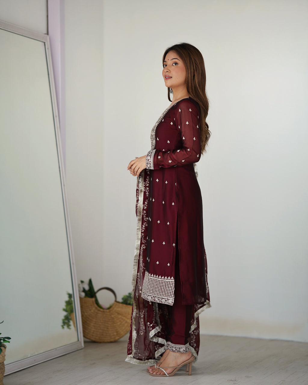 
Maroon Pure Silk Straight Kurta Set with Dupatta & Trouser