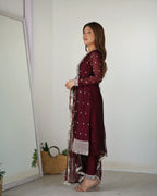 
Maroon Pure Silk Straight Kurta Set with Dupatta & Trouser