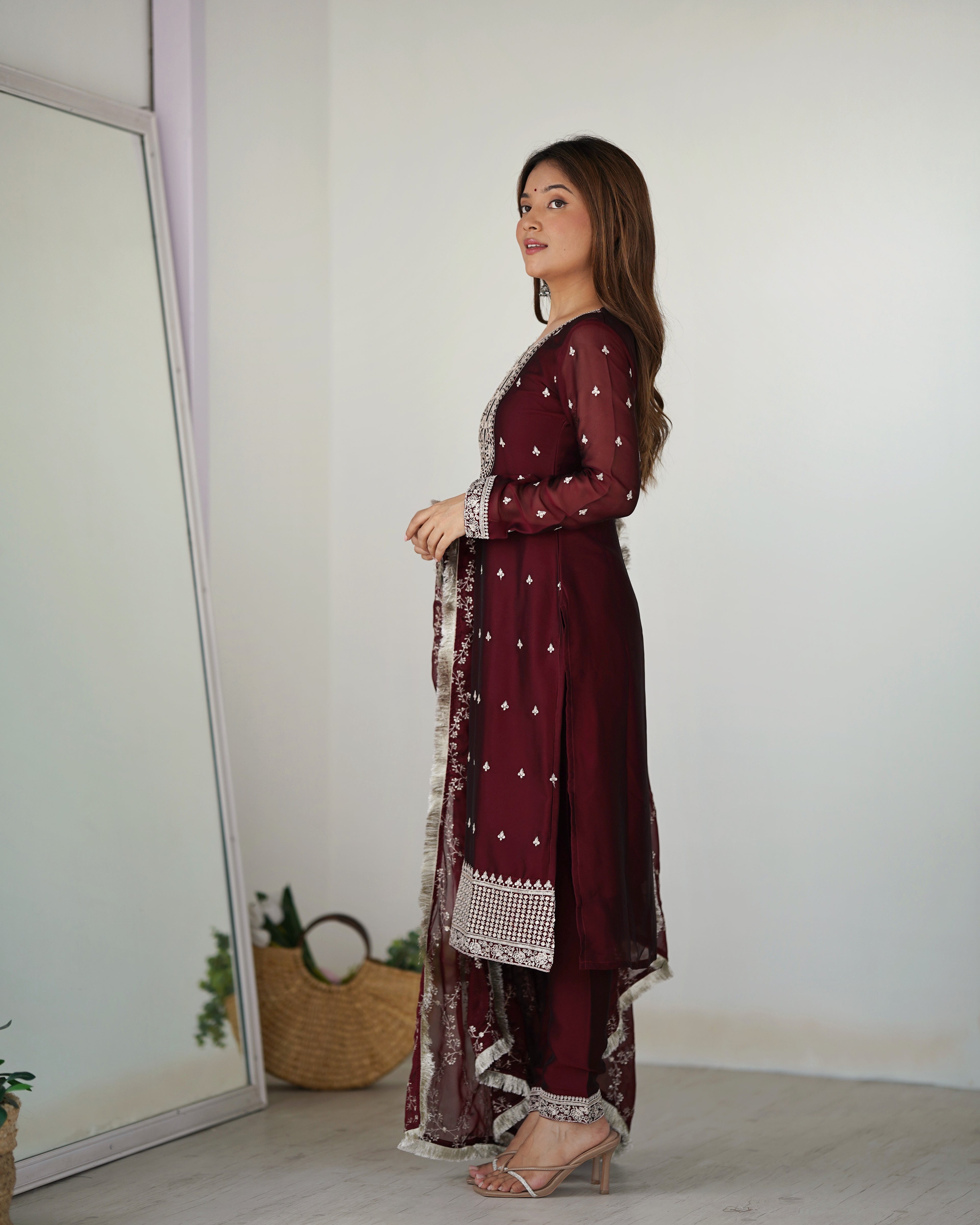 
Maroon Pure Silk Straight Kurta Set with Dupatta & Trouser