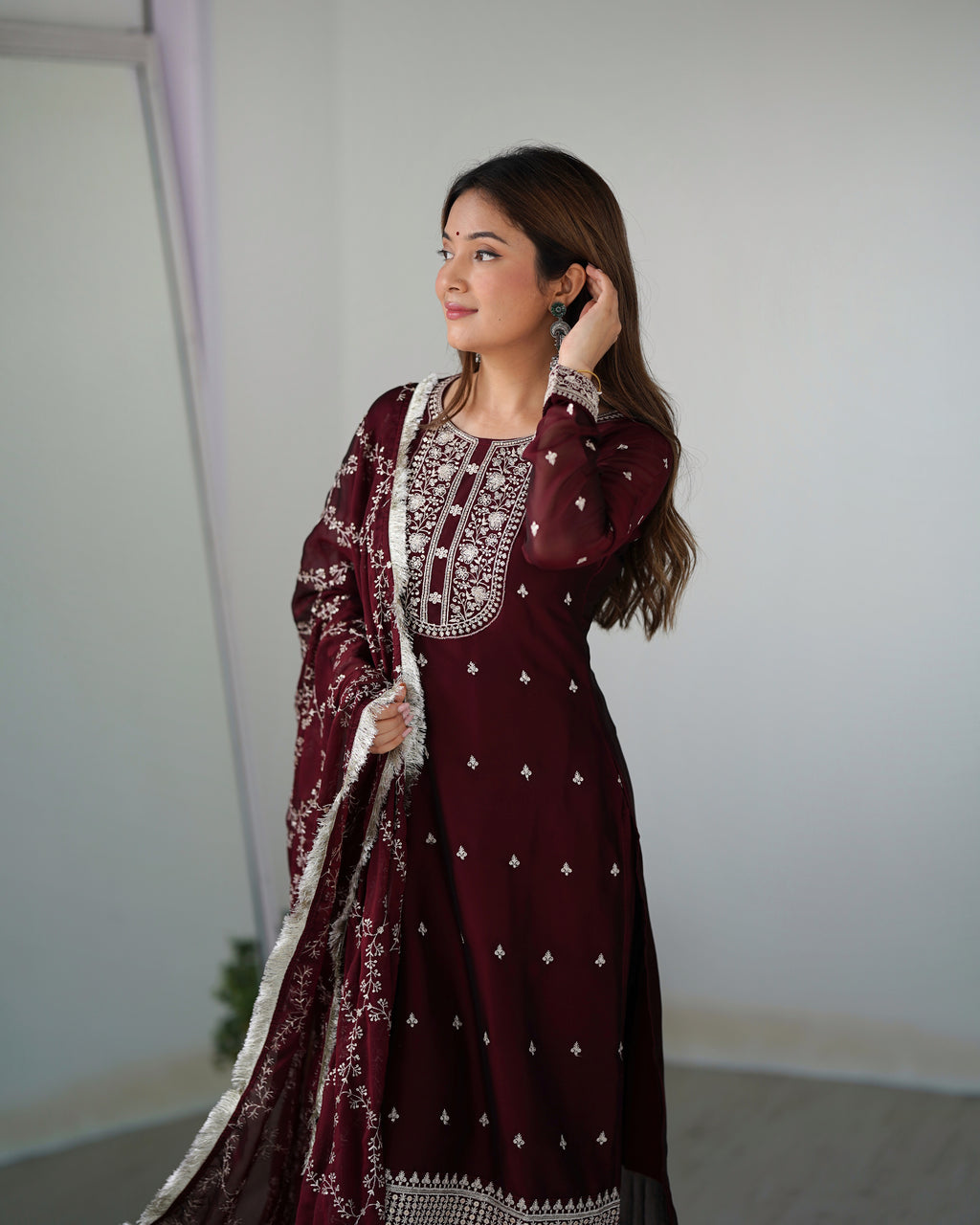 Maroon Pure Silk Straight Kurta Set with Dupatta & Trouser