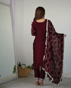 Maroon Pure Silk Straight Kurta Set with Dupatta & Trouser
