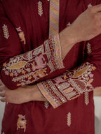 Partywear Maroon Silk Embroidered Work Kurta Set For Mens

