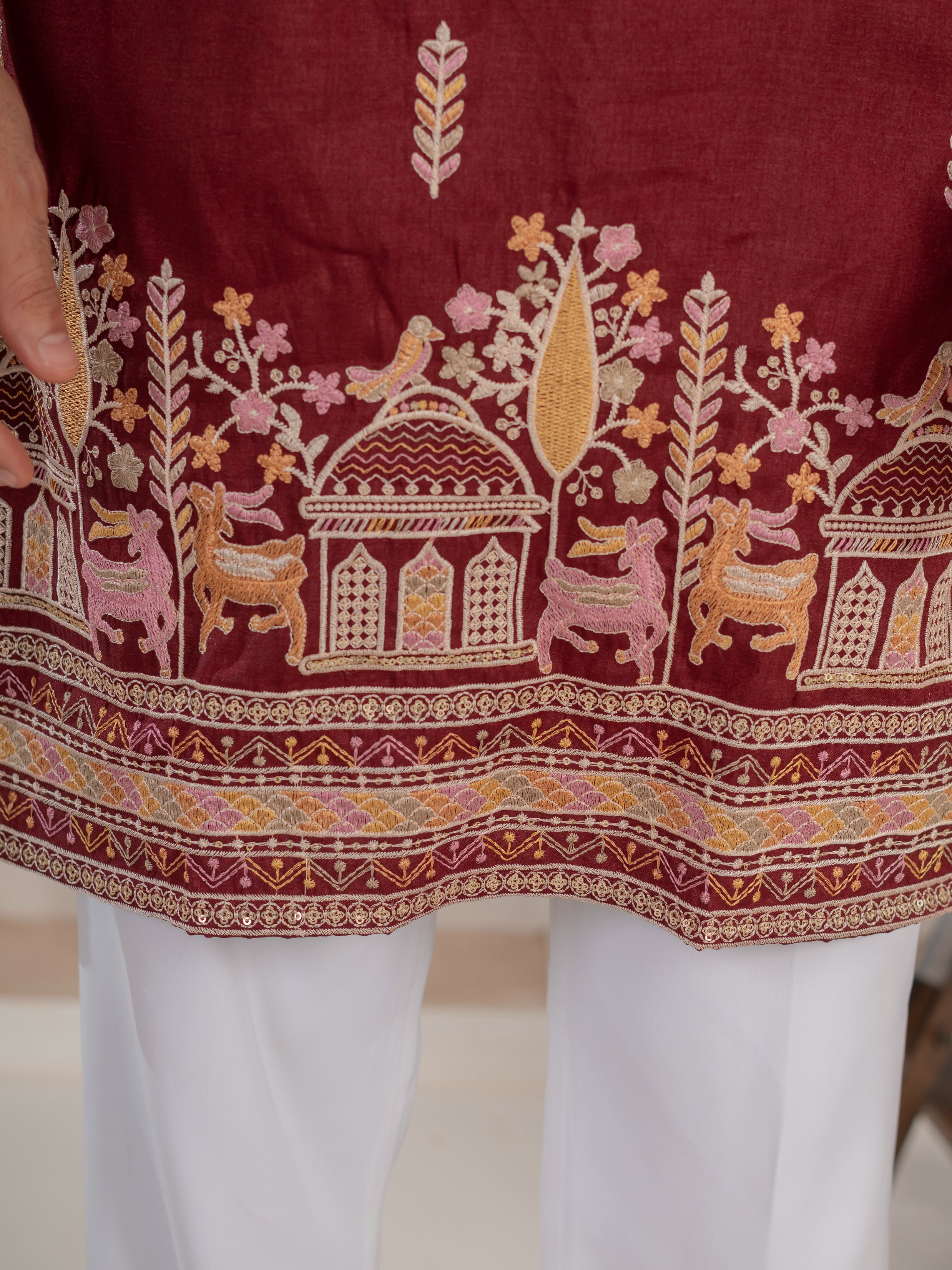 Partywear Maroon Silk Embroidered Work Kurta Set For Mens
