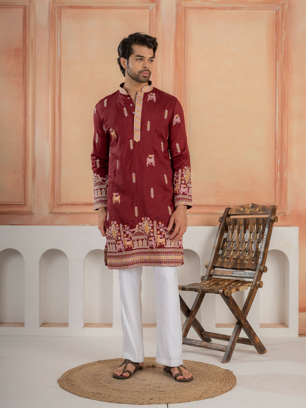 Partywear Maroon Silk Embroidered Work Kurta Set For Mens

