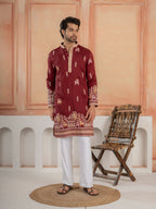 Partywear Maroon Silk Embroidered Work Kurta Set For Mens
