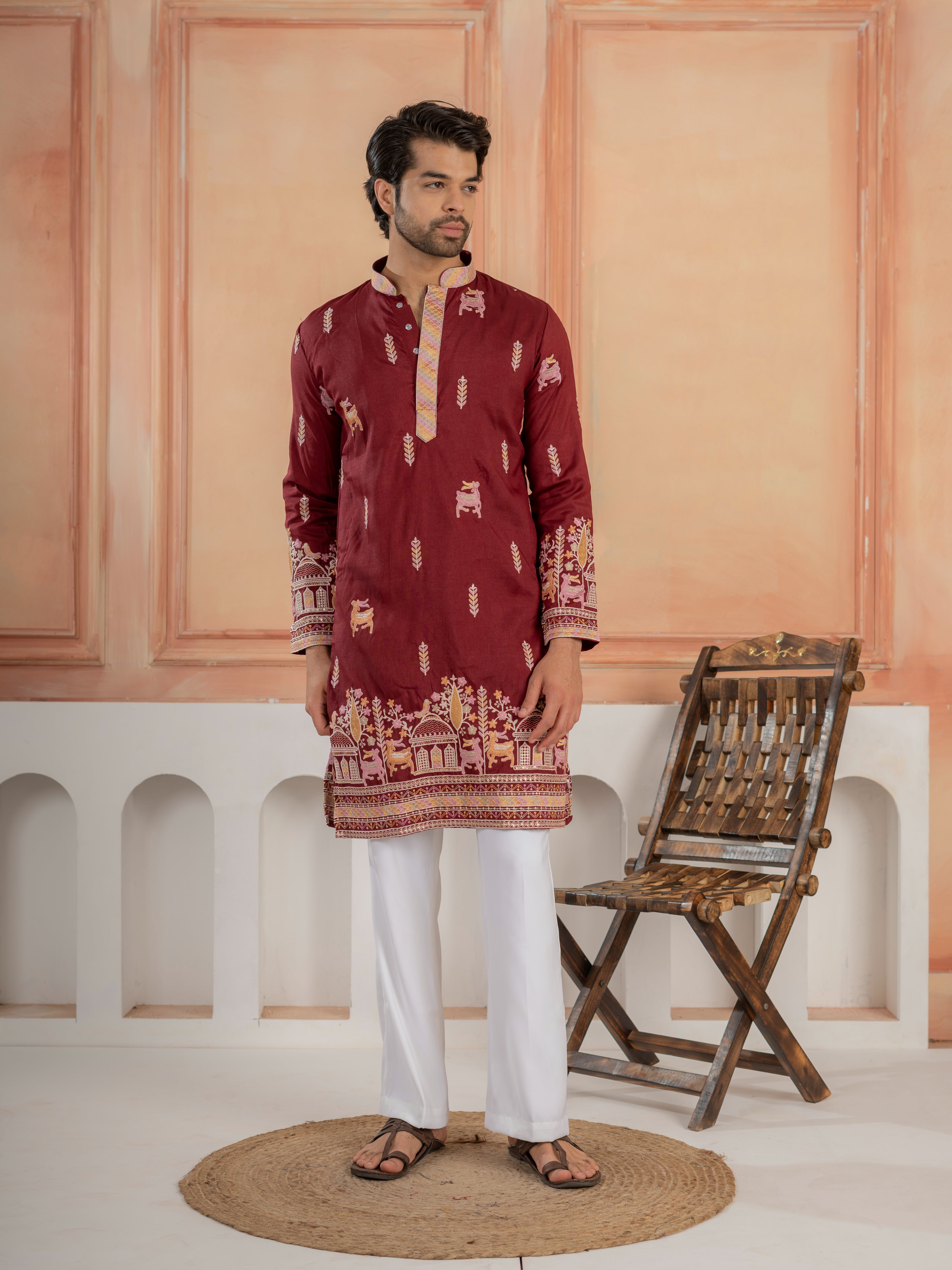 Partywear Maroon Silk Embroidered Work Kurta Set For Mens
