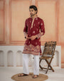Partywear Maroon Silk Embroidered Work Kurta Set For Mens