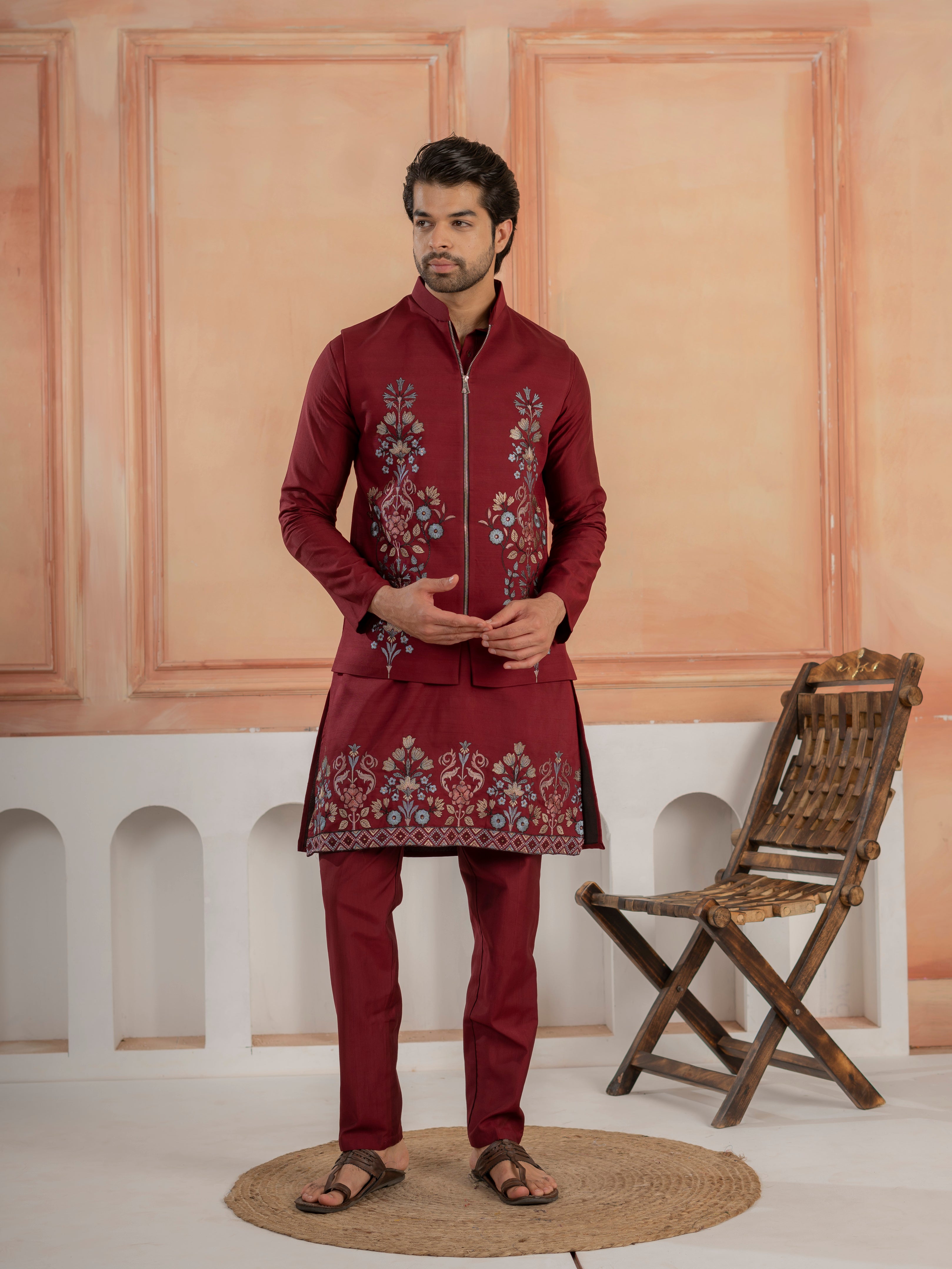 Maroon Color Traditional Special Koti Kurta Set for Men's Wear
