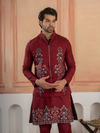 Maroon Color Traditional Special Koti Kurta Set for Men's Wear
