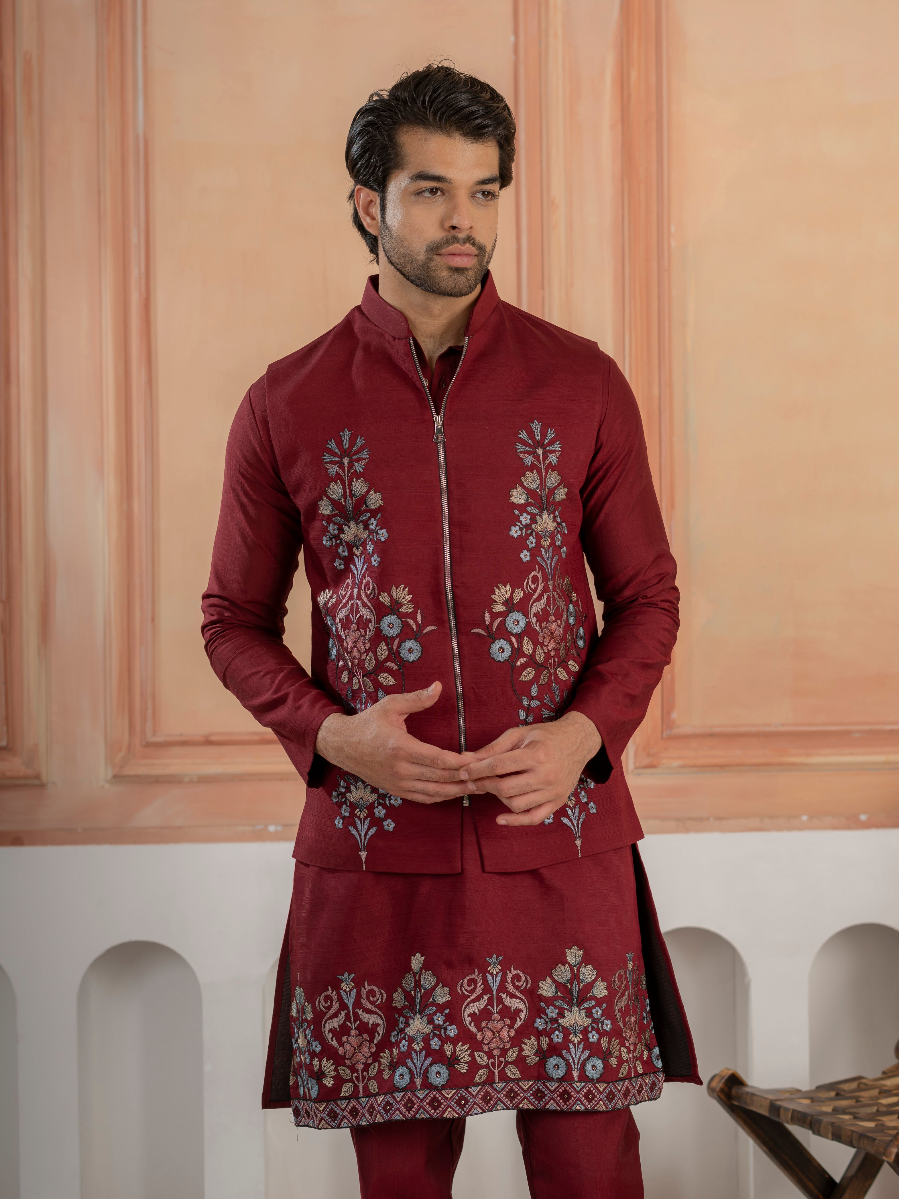 Maroon Color Traditional Special Koti Kurta Set for Men's Wear
