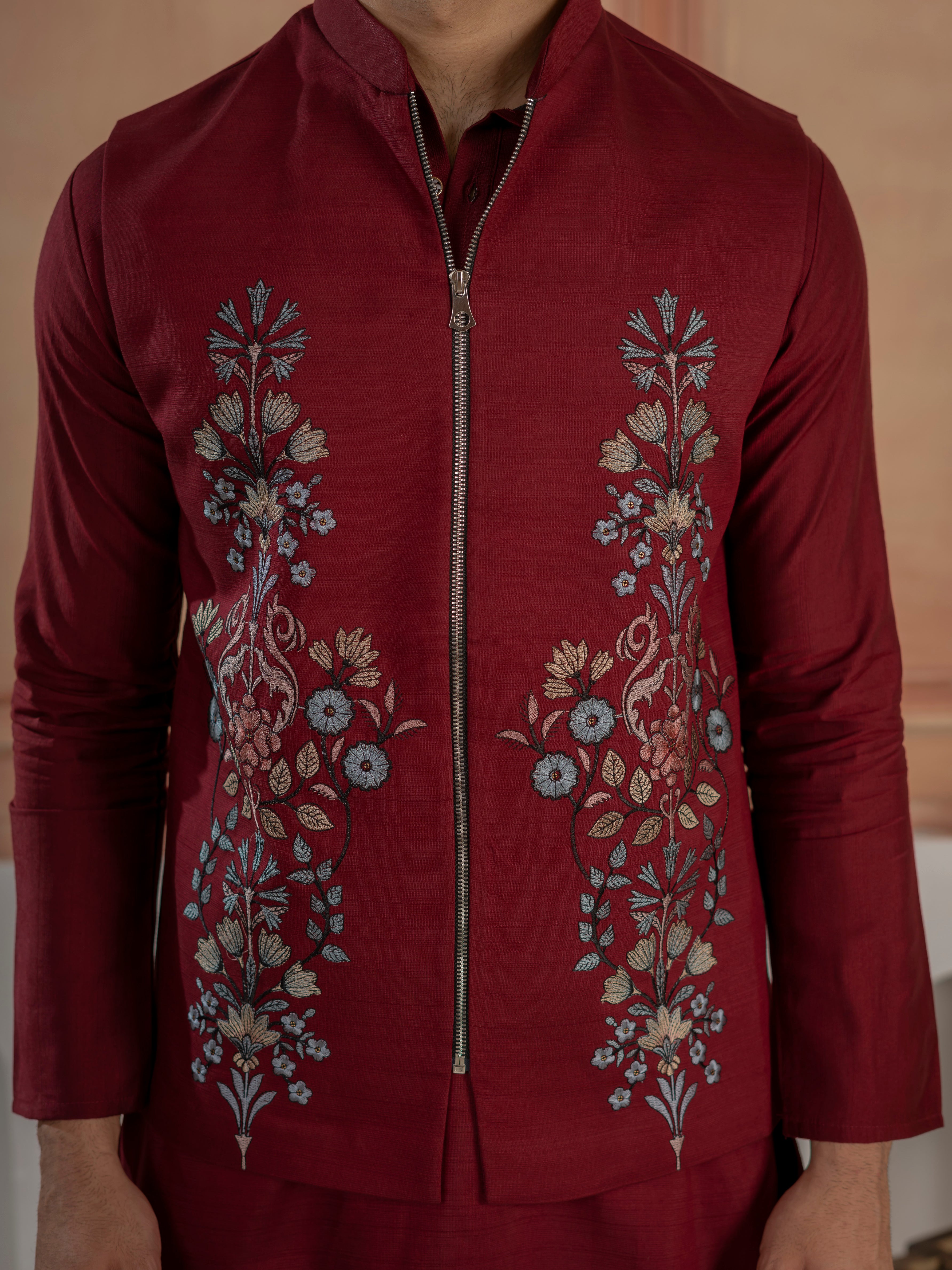 Maroon Color Traditional Special Koti Kurta Set for Men's Wear
