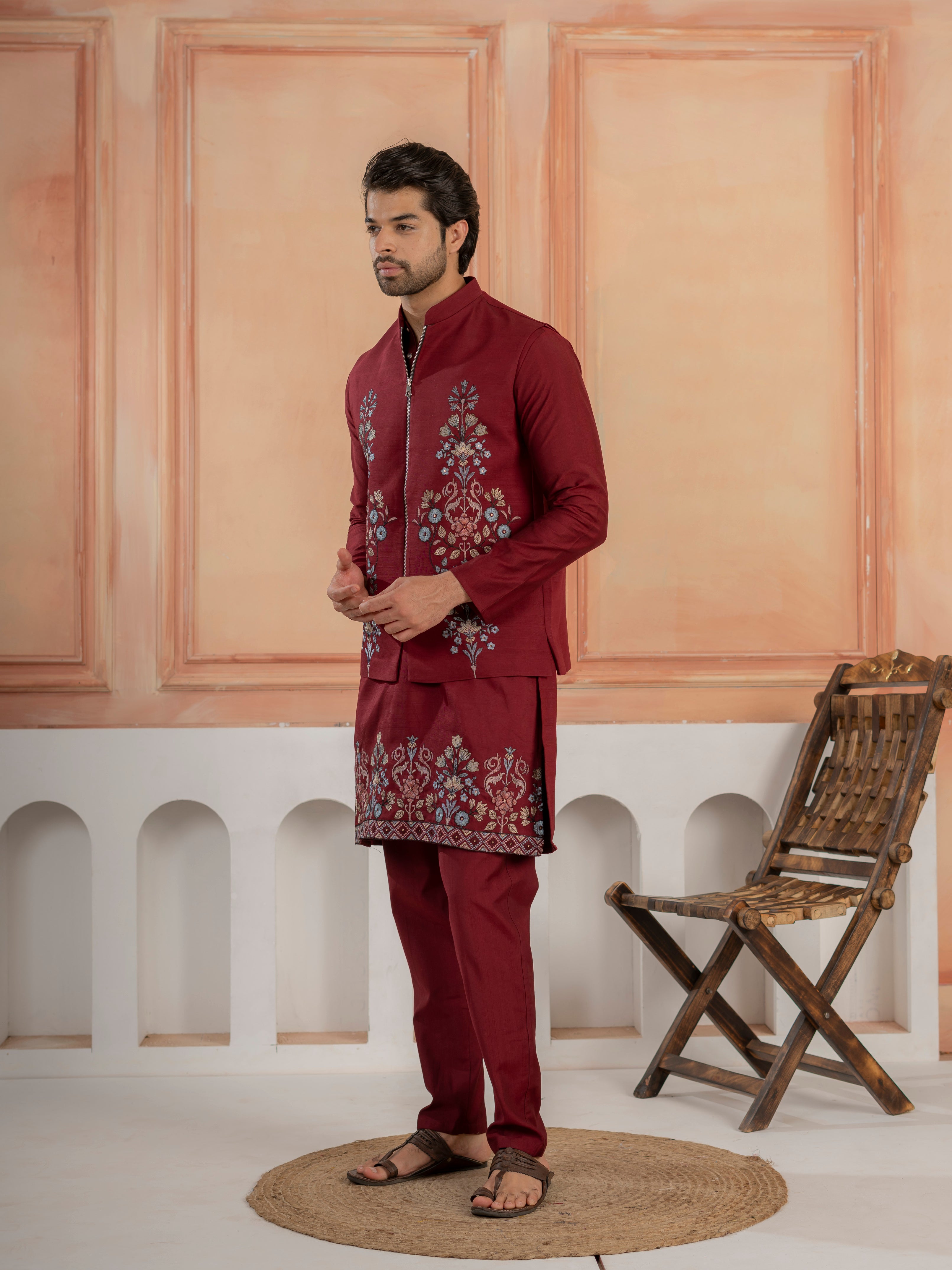 Maroon Color Traditional Special Koti Kurta Set for Men's Wear
