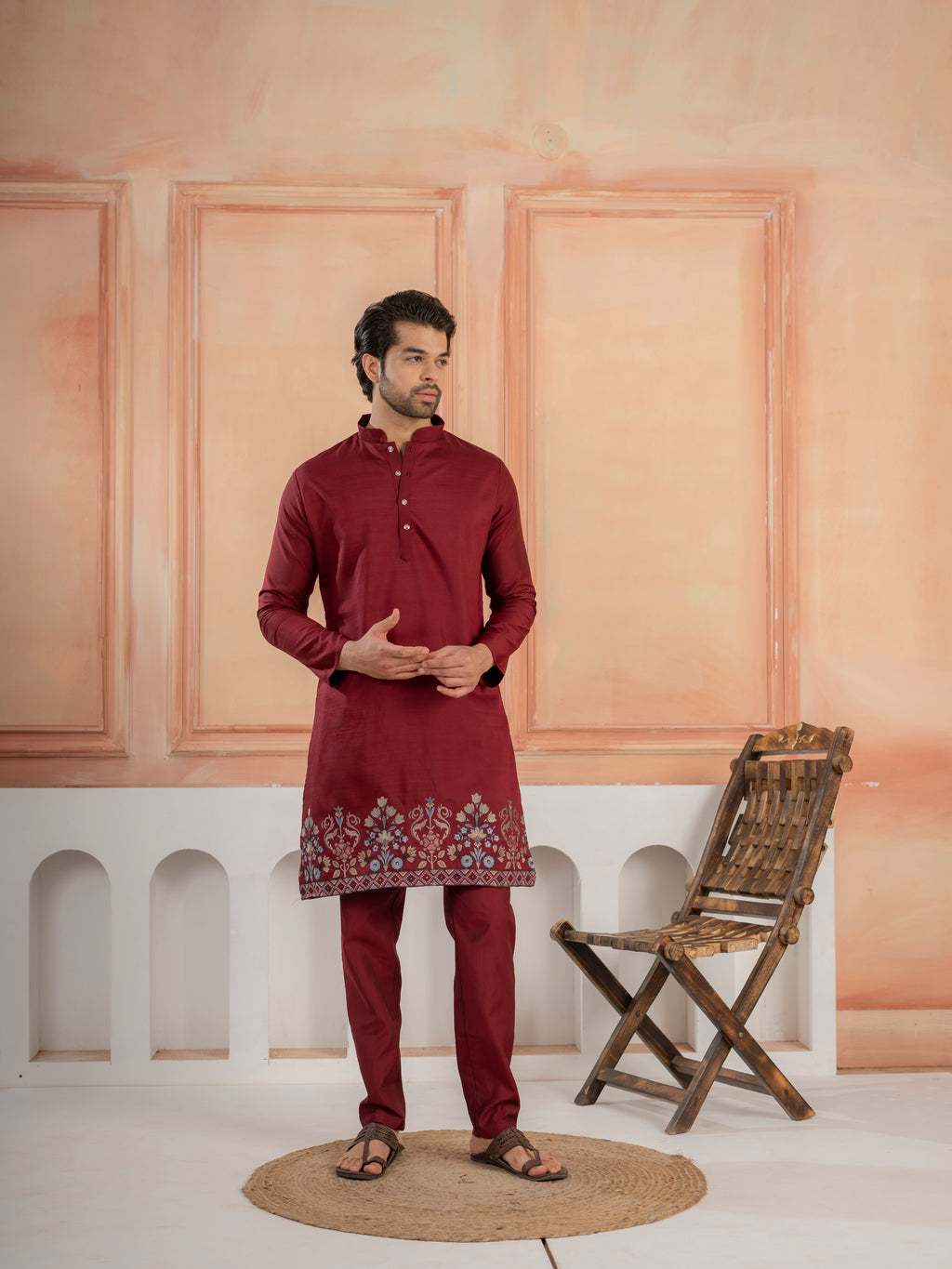 Maroon Color Traditional Special Koti Kurta Set for Men's Wear
