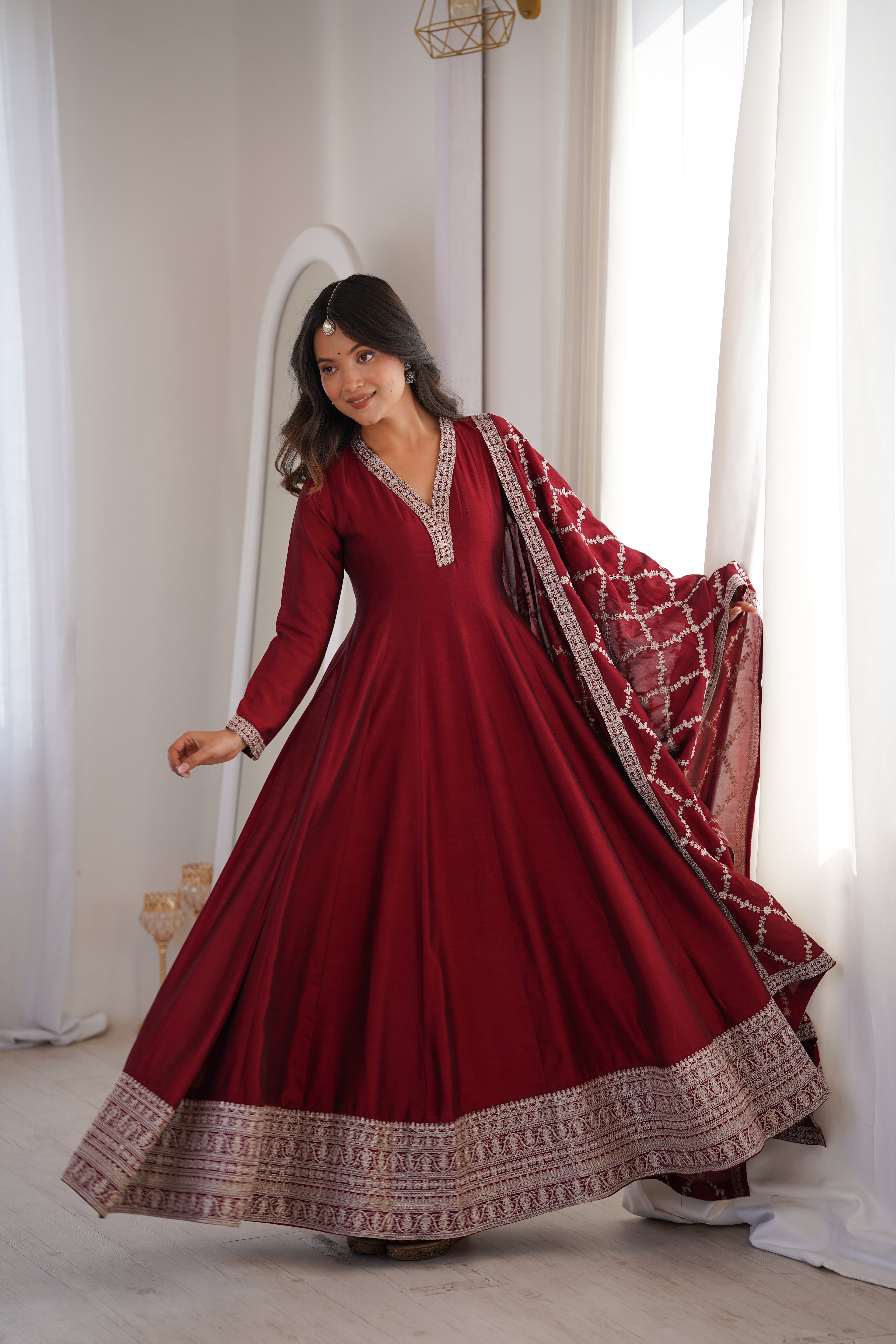 Maroon Full Flare Vichitra Silk Anarkali Gown with Fancy Dupatta TULIP DESIGNER Maroon Full Flare Vichitra Silk Anarkali Gown with Fancy Dupatta TULIP DESIGNER
