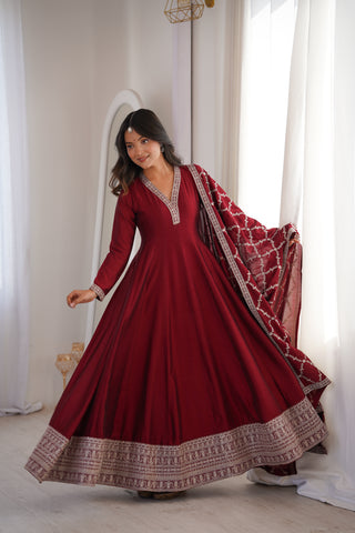 Maroon Full Flare Vichitra Silk Anarkali Gown with Fancy Dupatta