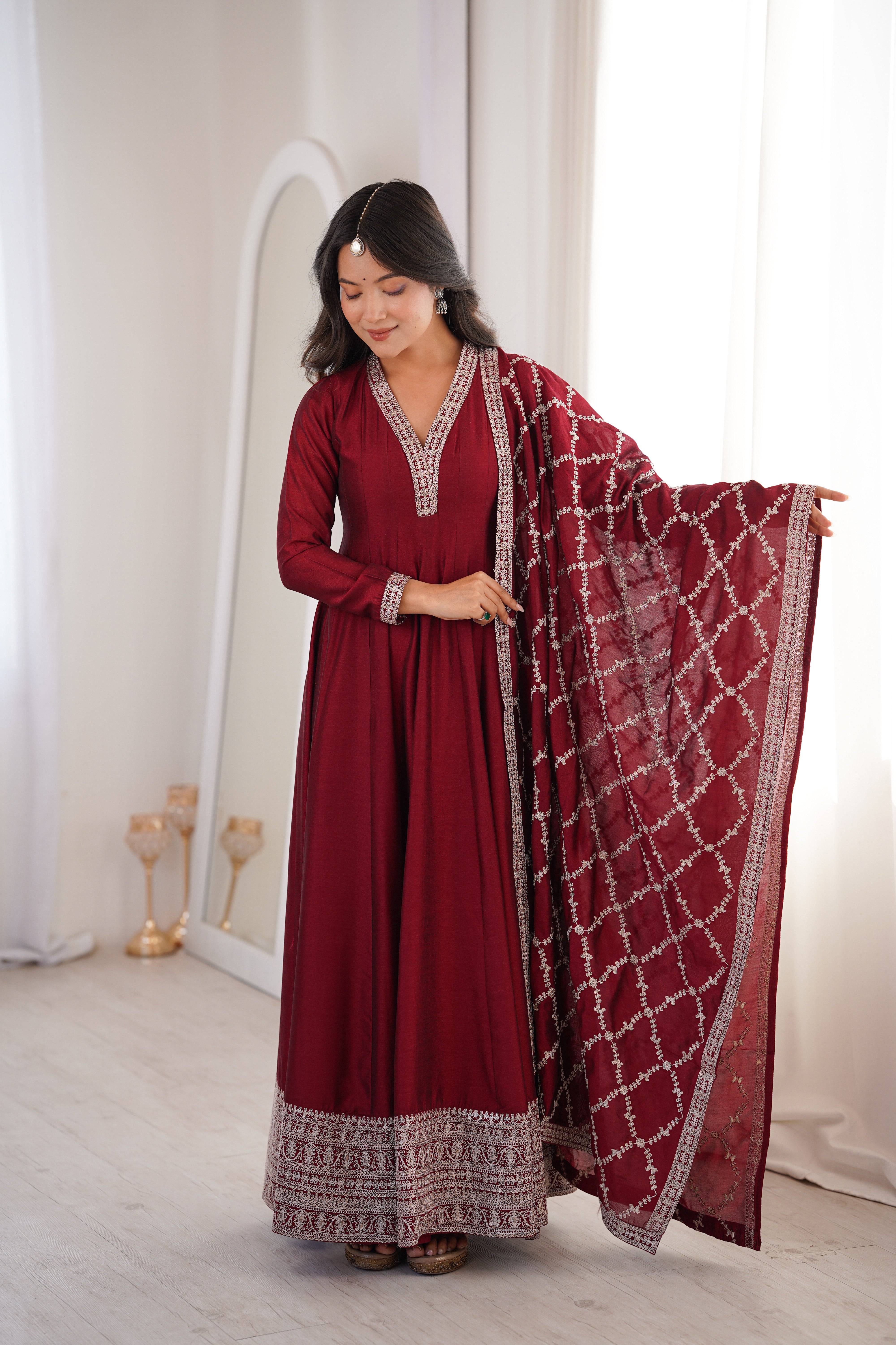 Maroon Full Flare Vichitra Silk Anarkali Gown with Fancy Dupatta