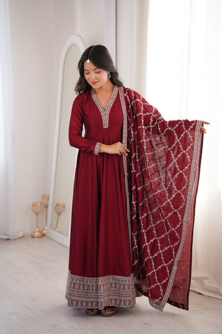 Maroon Full Flare Vichitra Silk Anarkali Gown with Fancy Dupatta
