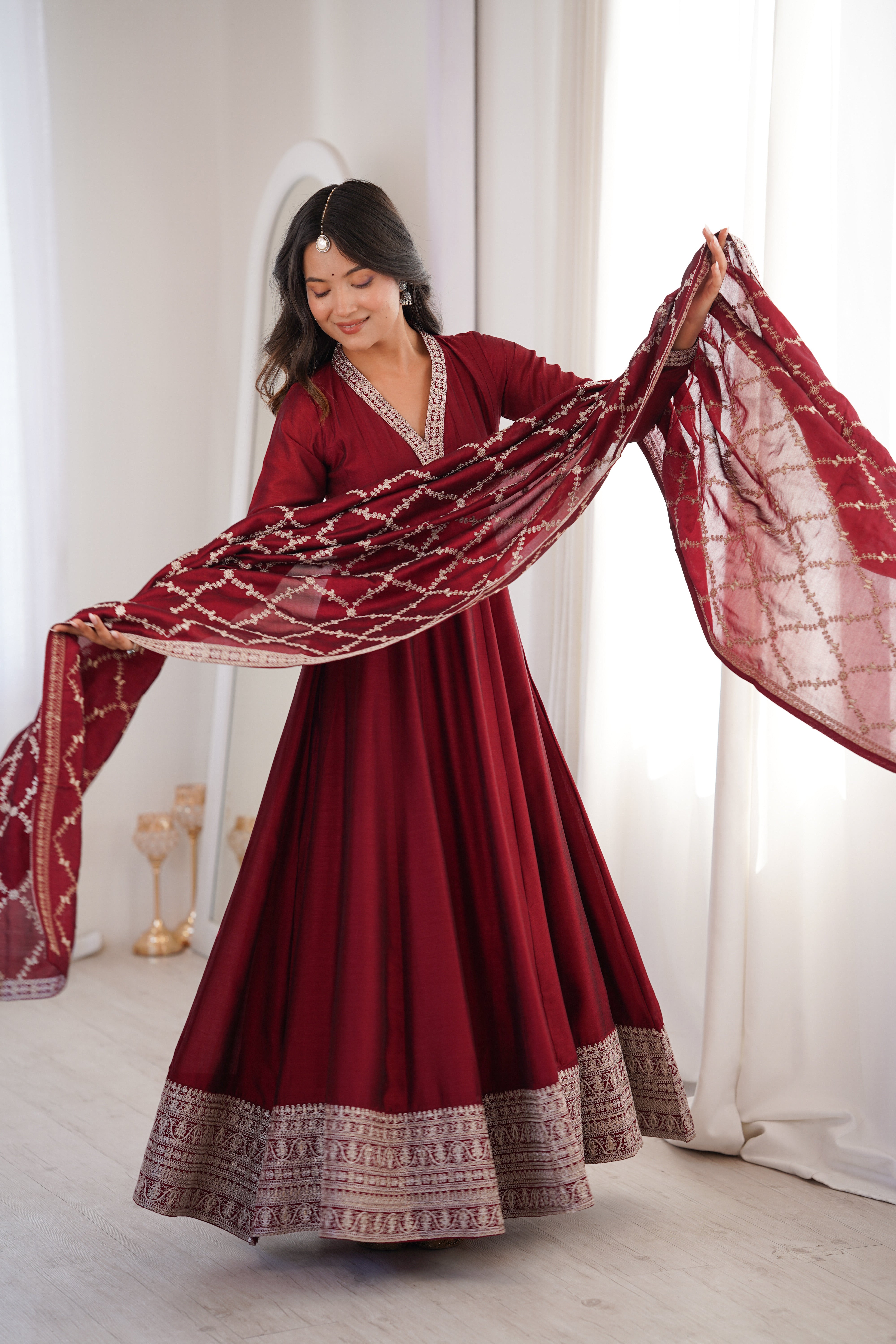 Maroon Full Flare Vichitra Silk Anarkali Gown with Fancy Dupatta