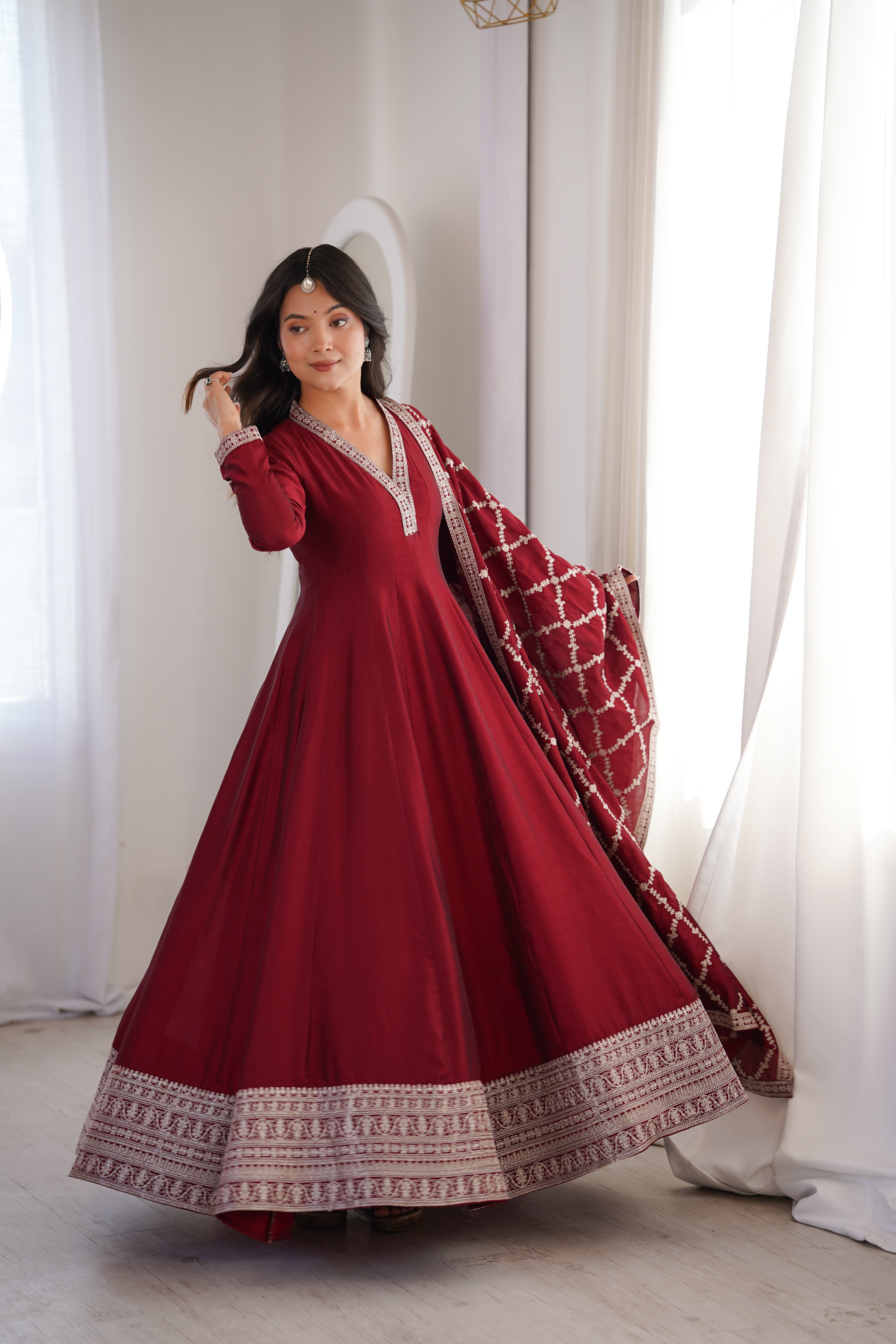 Maroon Full Flare Vichitra Silk Anarkali Gown with Fancy Dupatta
