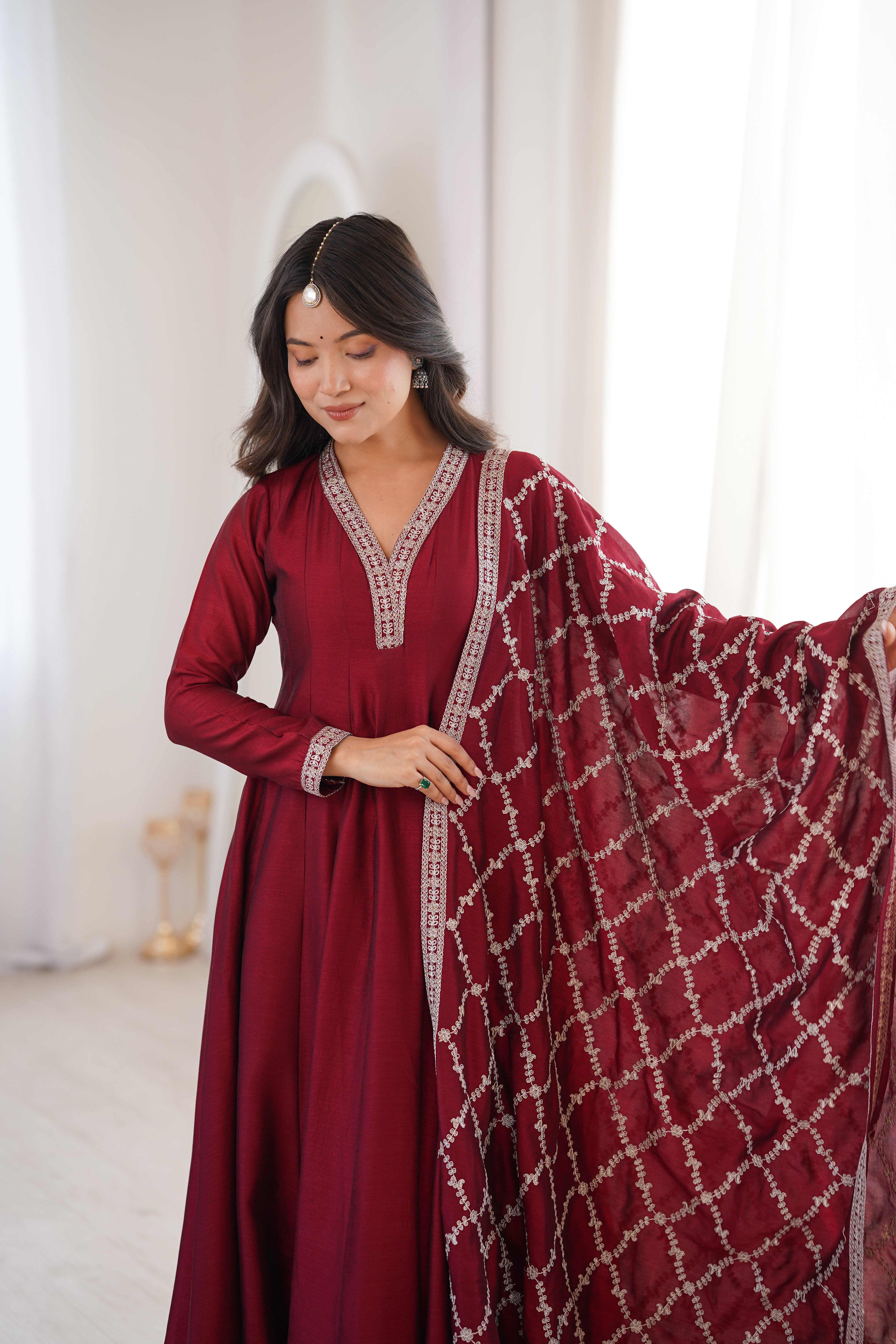 Maroon Full Flare Vichitra Silk Anarkali Gown with Fancy Dupatta
