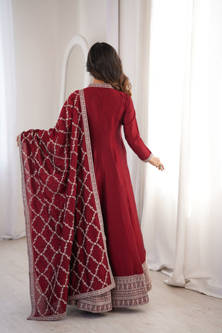 Maroon Full Flare Vichitra Silk Anarkali Gown with Fancy Dupatta
