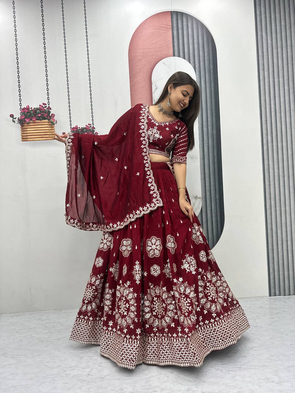 Maroon Vichitra Silk Embroidered Lehenga Choli with Dupatta For Women