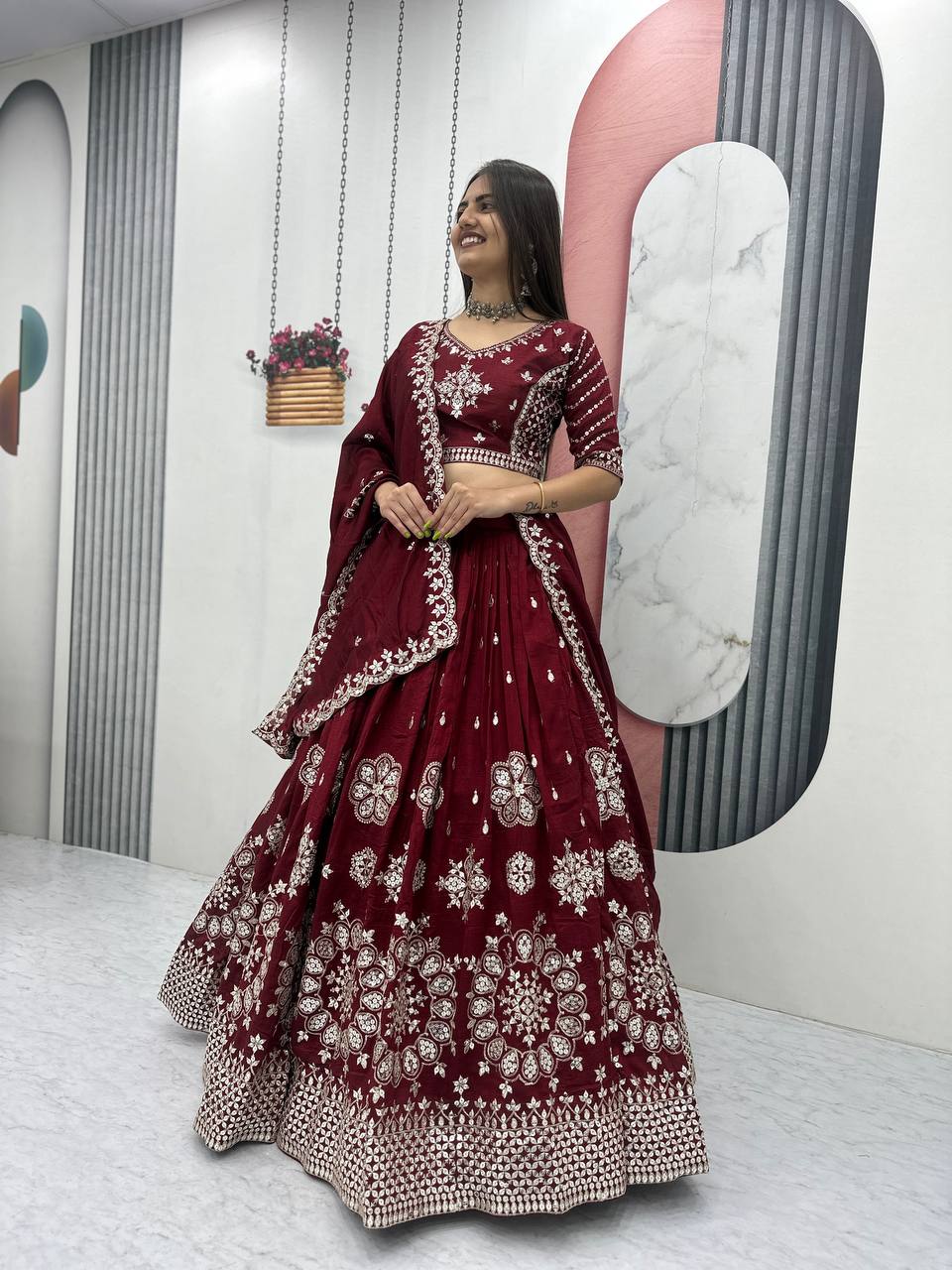Maroon Vichitra Silk Embroidered Lehenga Choli with Dupatta For Women