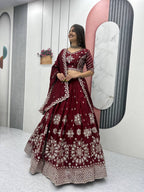 Maroon Vichitra Silk Embroidered Lehenga Choli with Dupatta For Women