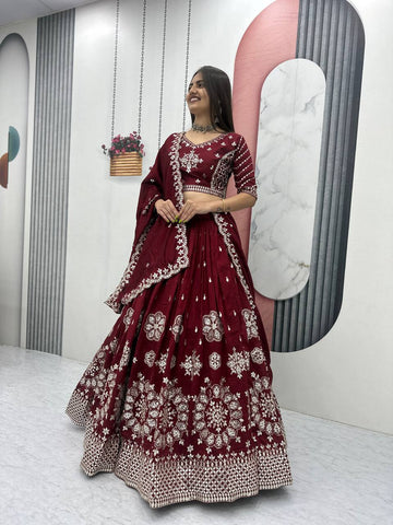 Maroon Vichitra Silk Embroidered Lehenga Choli with Dupatta For Women