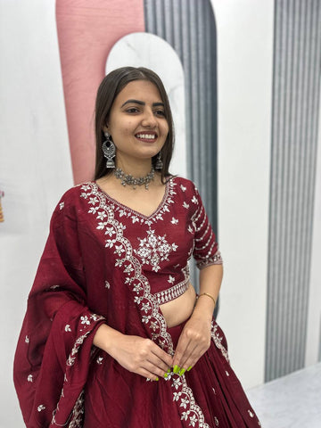Maroon Vichitra Silk Embroidered Lehenga Choli with Dupatta For Women