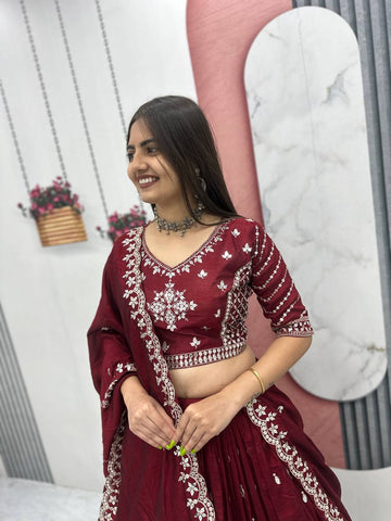 Maroon Vichitra Silk Embroidered Lehenga Choli with Dupatta For Women
