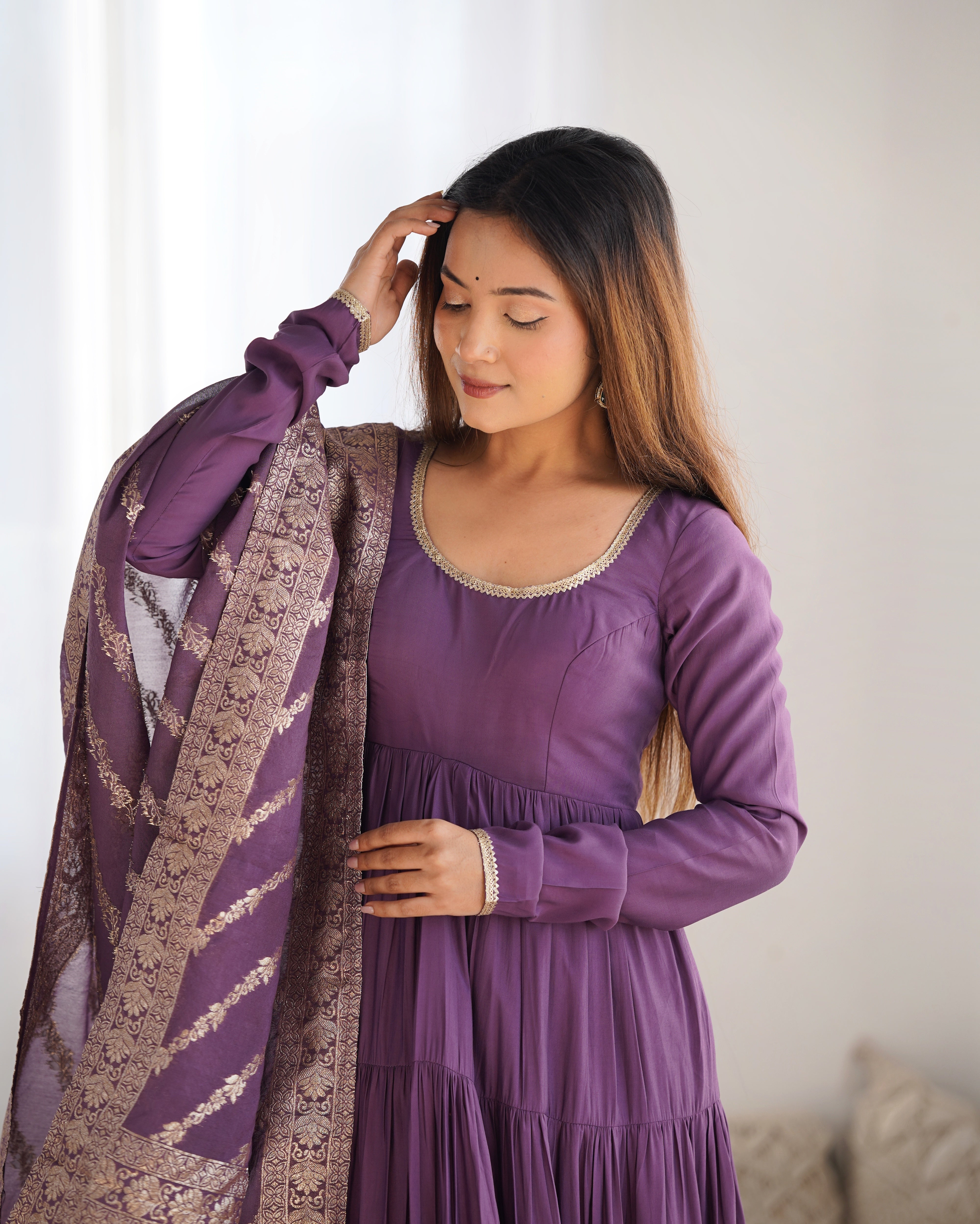 Mauve Roman Silk Chanderi Fabric Fully Flared Anarkali Suit With Pent and Dupatta Set
