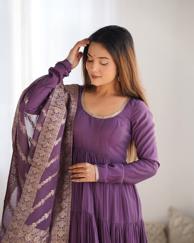Mauve Roman Silk Chanderi Fabric Fully Flared Anarkali Suit With Pent and Dupatta Set
