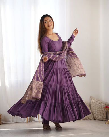 Mauve Roman Silk Chanderi Fabric Fully Flared Anarkali Suit With Pent and Dupatta Set
