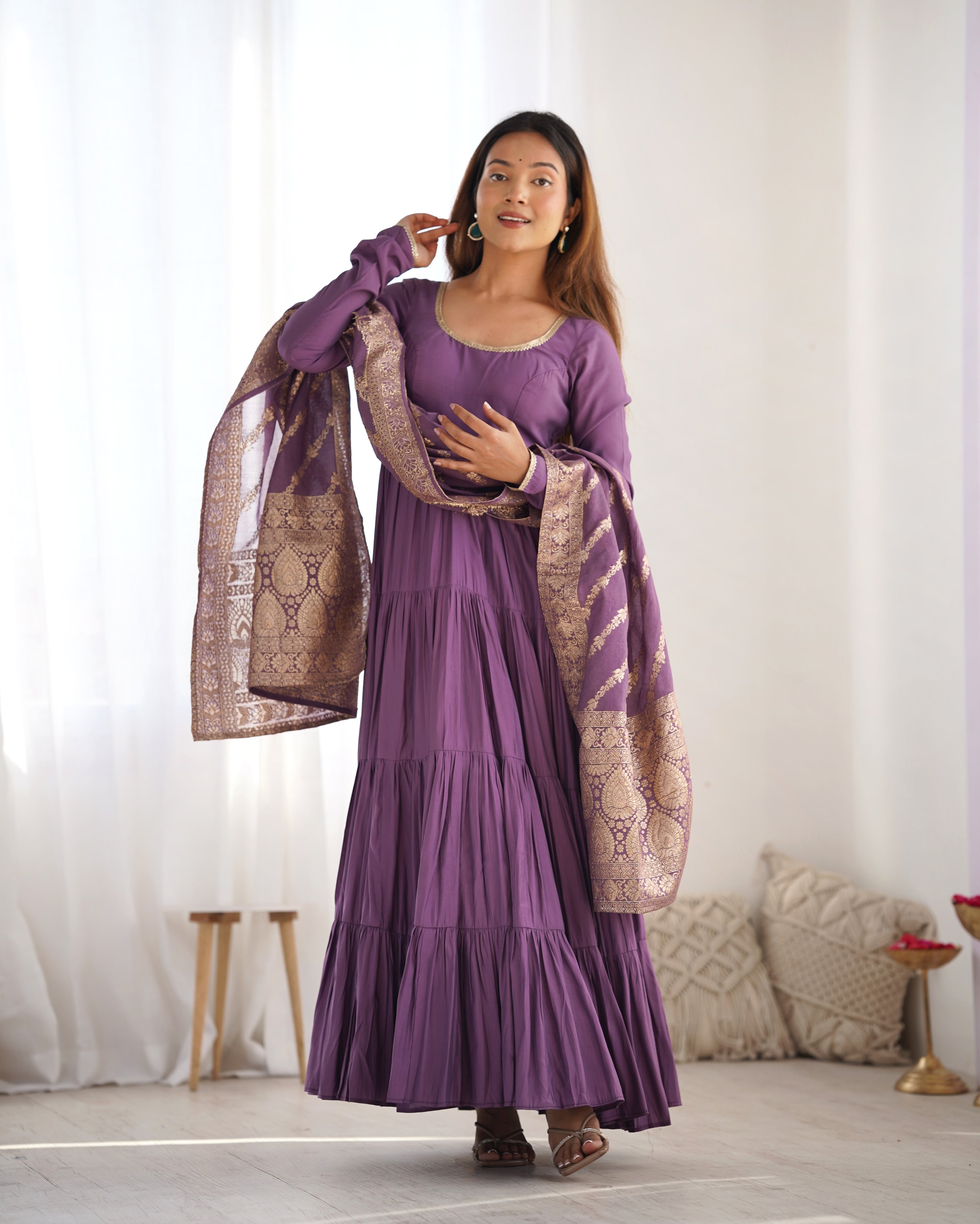 Mauve Roman Silk Chanderi Fabric Fully Flared Anarkali Suit With Pent and Dupatta Set
