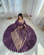 Mauve Roman Silk Chanderi Fabric Fully Flared Anarkali Suit With Pent and Dupatta Set
