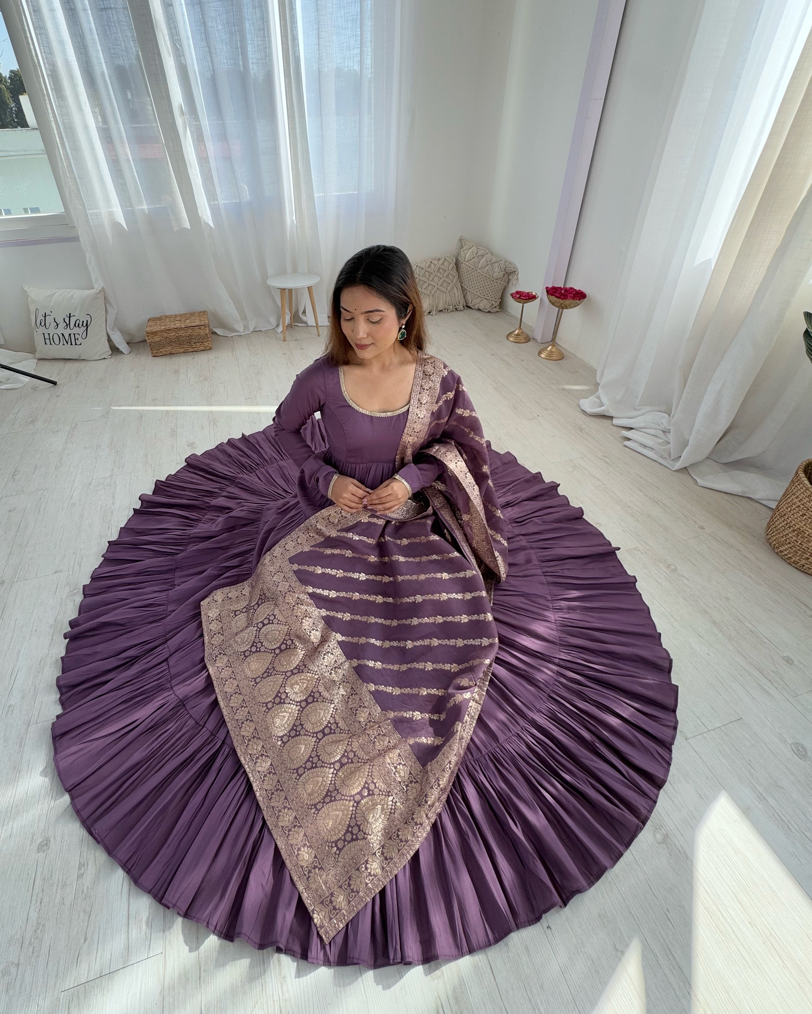 Mauve Roman Silk Chanderi Fabric Fully Flared Anarkali Suit With Pent and Dupatta Set
