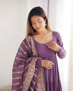 Mauve Roman Silk Chanderi Fabric Fully Flared Anarkali Suit With Pent and Dupatta Set
