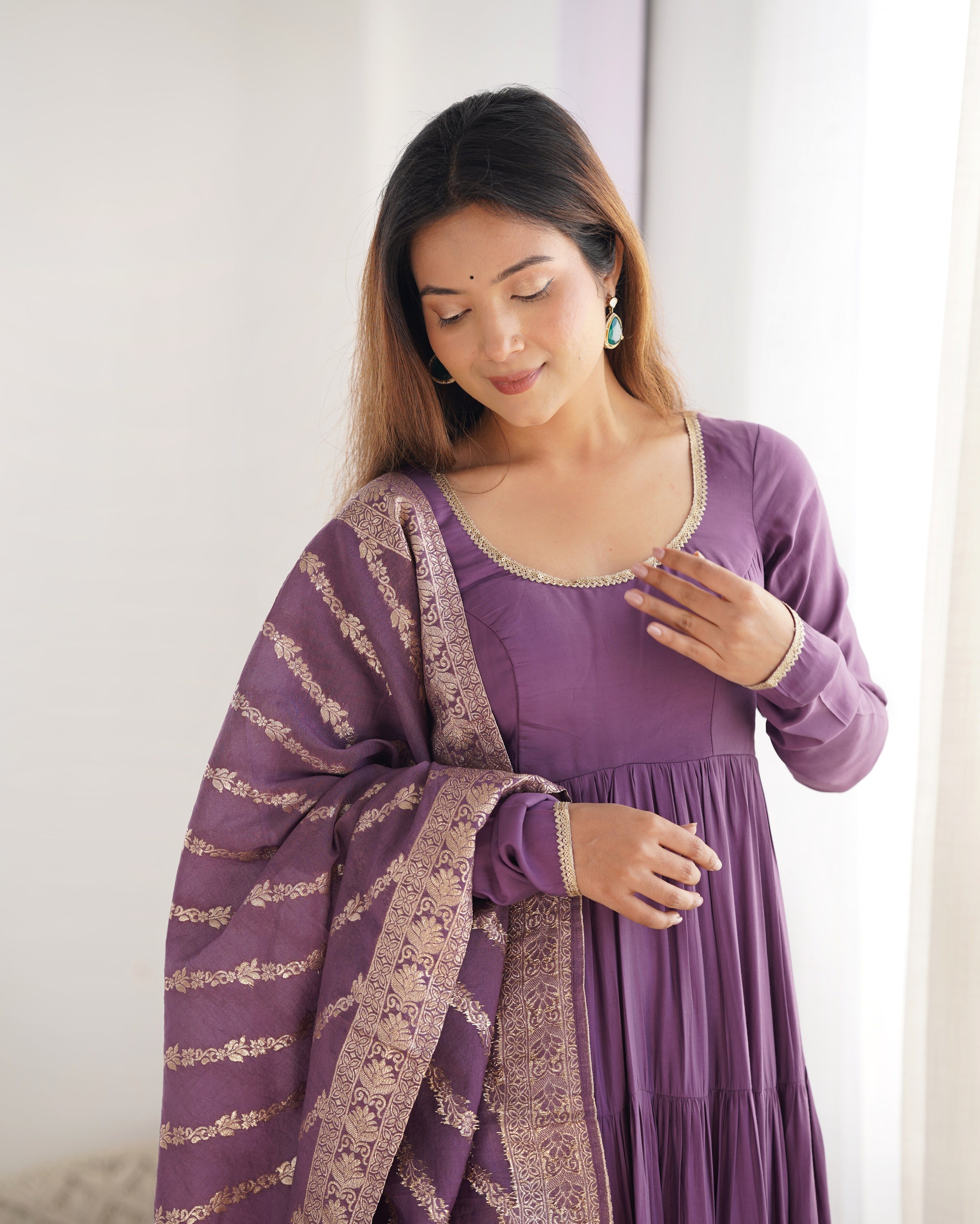 Mauve Roman Silk Chanderi Fabric Fully Flared Anarkali Suit With Pent and Dupatta Set
