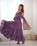 Mauve Roman Silk Chanderi Fabric Fully Flared Anarkali Suit With Pent and Dupatta Set
