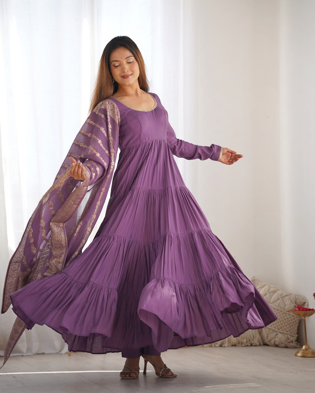 Mauve Roman Silk Chanderi Fabric Fully Flared Anarkali Suit With Pent and Dupatta Set

