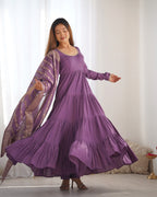 Mauve Roman Silk Chanderi Fabric Fully Flared Anarkali Suit With Pent and Dupatta Set
