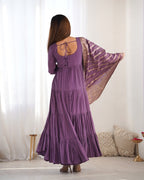 Mauve Roman Silk Chanderi Fabric Fully Flared Anarkali Suit With Pent and Dupatta Set