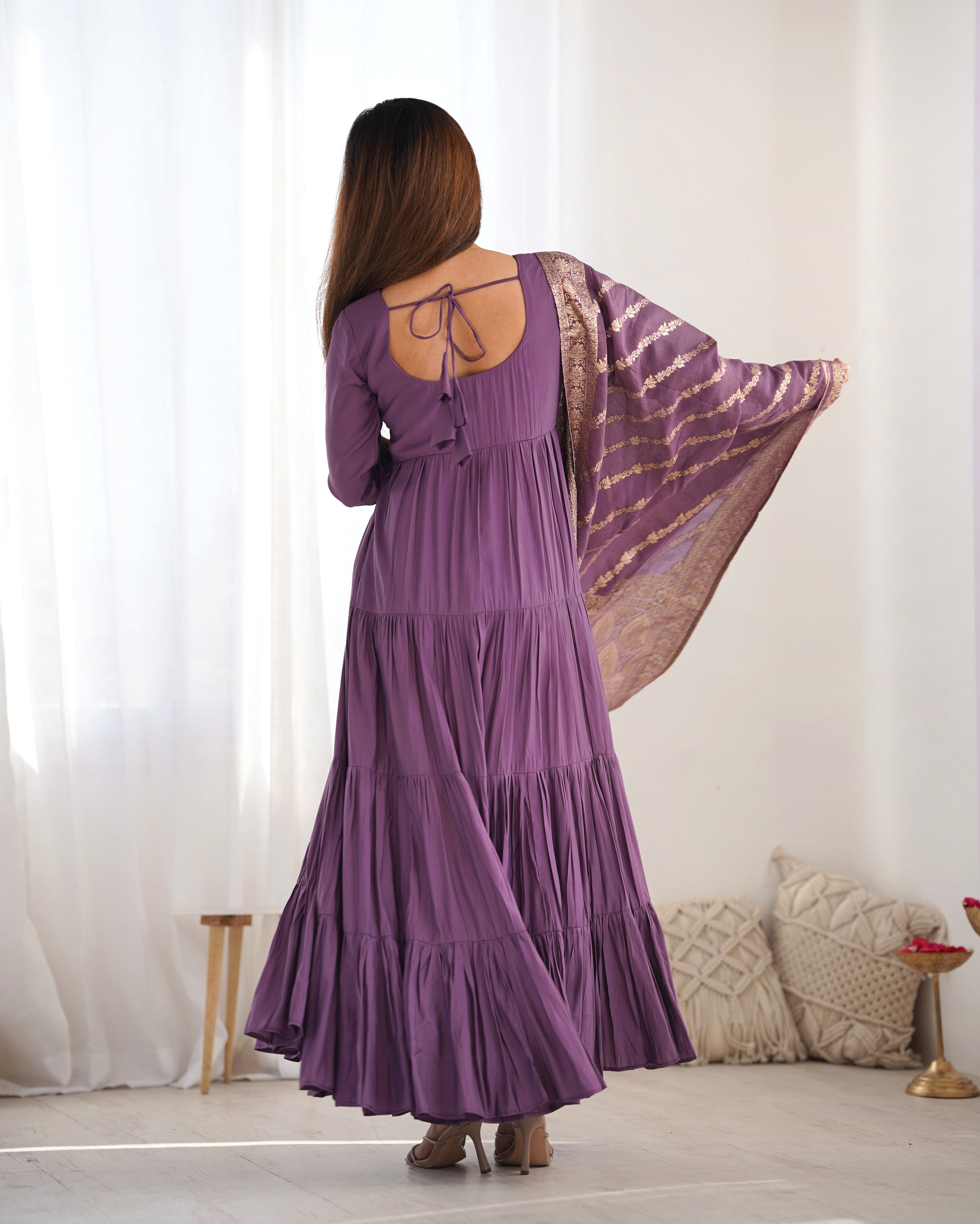 Mauve Roman Silk Chanderi Fabric Fully Flared Anarkali Suit With Pent and Dupatta Set
