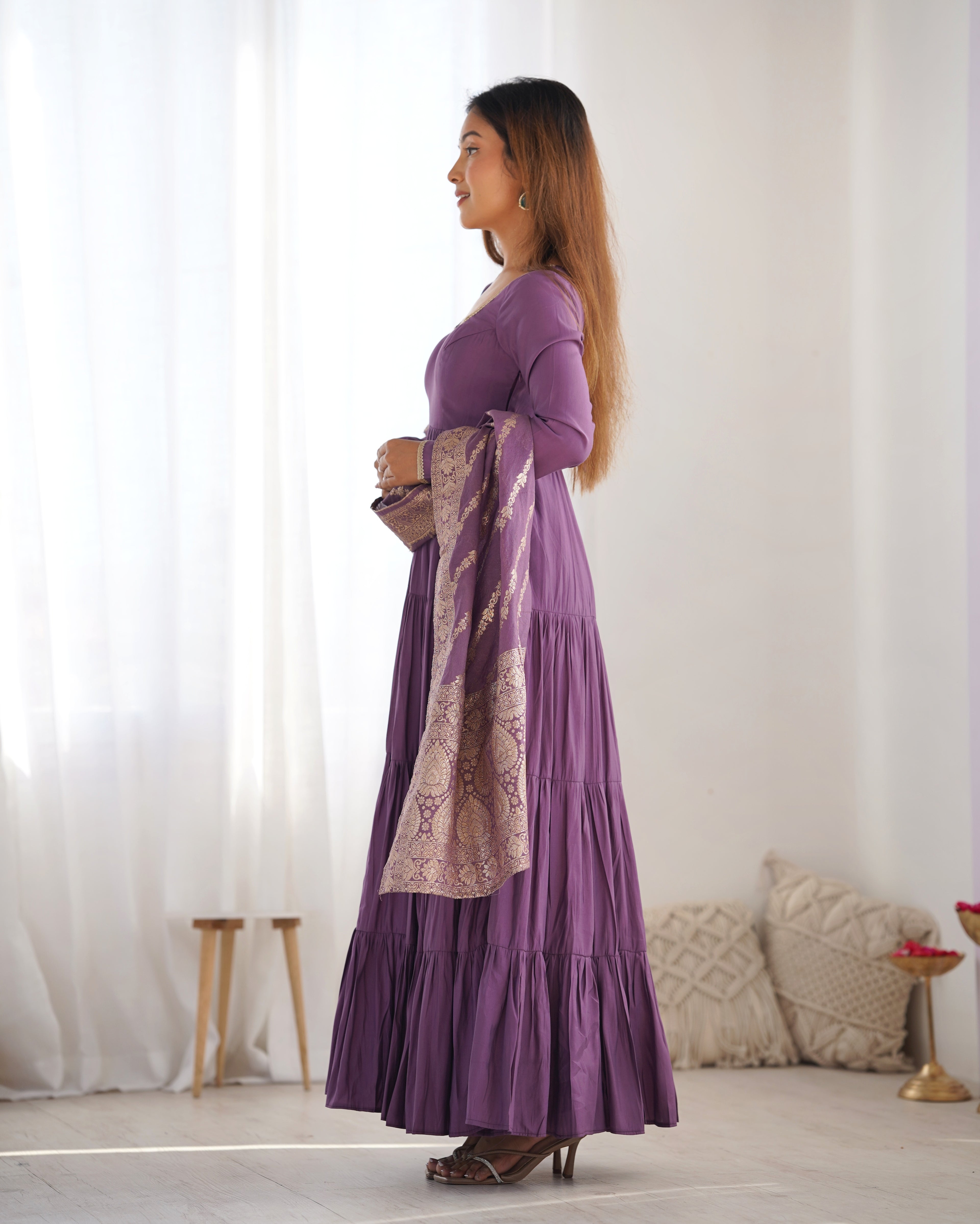 Mauve Roman Silk Chanderi Fabric Fully Flared Anarkali Suit With Pent and Dupatta Set