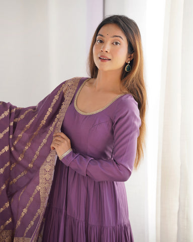 Mauve Roman Silk Chanderi Fabric Fully Flared Anarkali Suit With Pent and Dupatta Set
