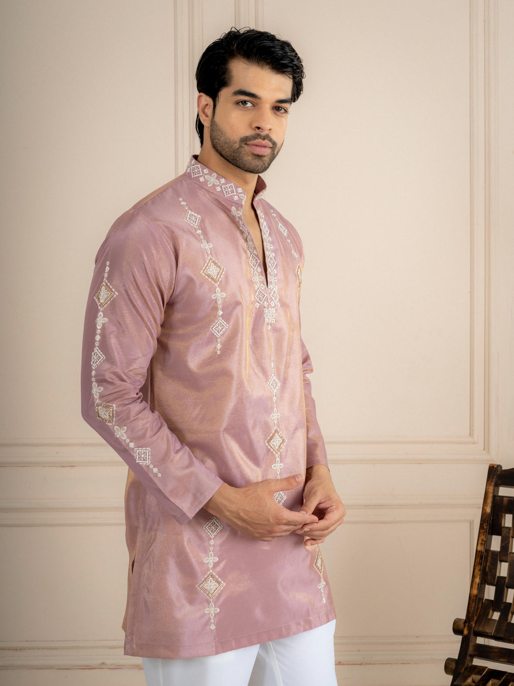 Dusty Mauve Tissue Beads Kurta For Men | Tulip Designer
