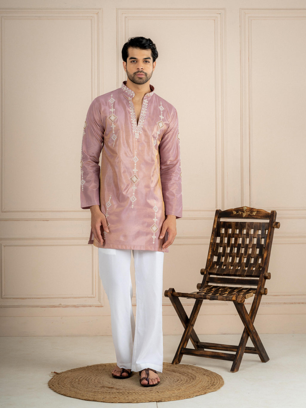 Dusty Mauve Tissue Beads Kurta For Men | Tulip Designer
