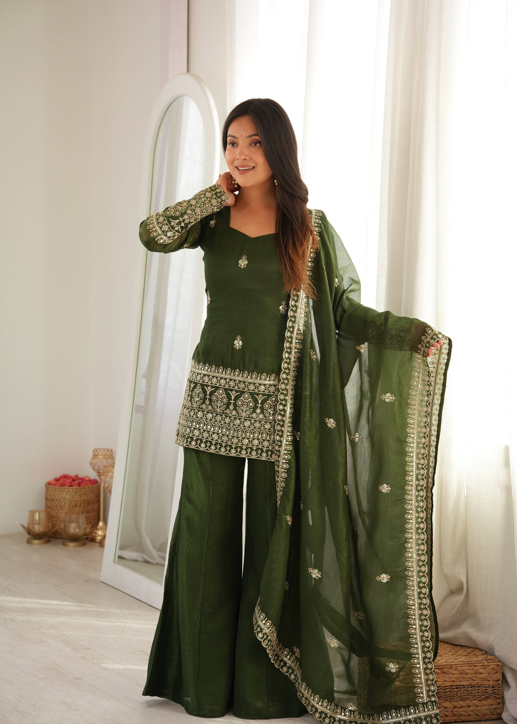 Wedding Special Mehendi Crunchy Silk Kurta Pant & Dupatta Set
